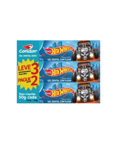 Gel Dental Condor Hot Wheels com Flúor Kids+ 50g Promocional Leve 3 Pague2