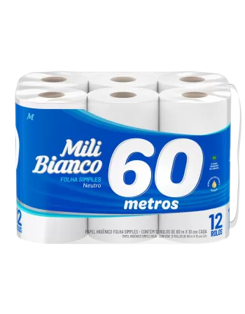 Mili Bianco Papel Higiênico 60m Folha Simples Neutro 12 Rolos