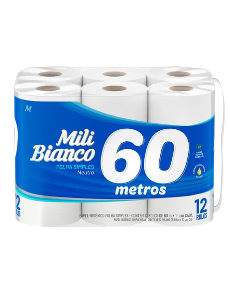 Mili Bianco Papel Higiênico 60m Folha Simples Neutro 12 Rolos