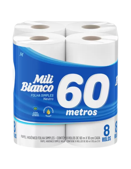 Mili Bianco Papel Higiênico 60m Folha Simples Neutro 8 Rolos